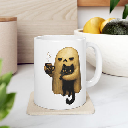 Spooky Ghost Holding Black Cat Coffee Mug