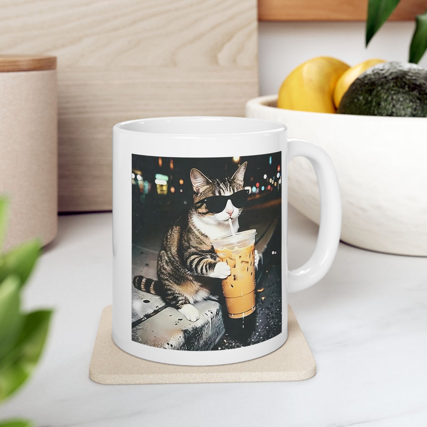 Cat Drinking Iced Coffee Mug