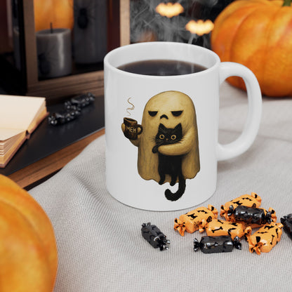 Spooky Ghost Holding Black Cat Coffee Mug