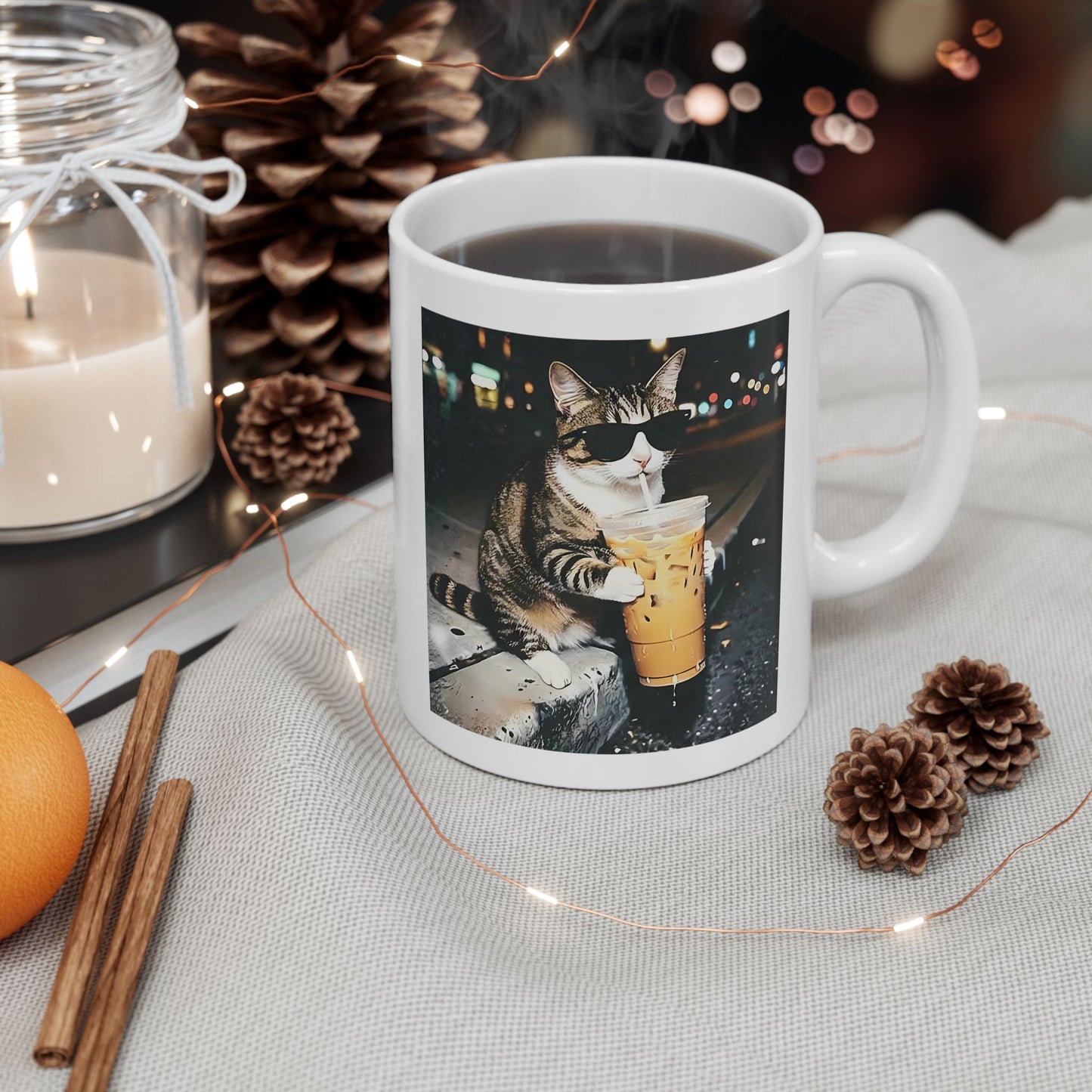 Cat Drinking Iced Coffee Mug