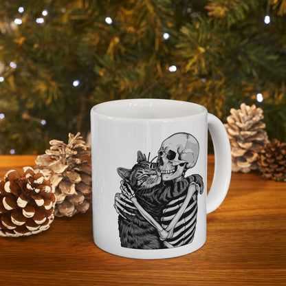 Skeleton Hugging Cat Mug
