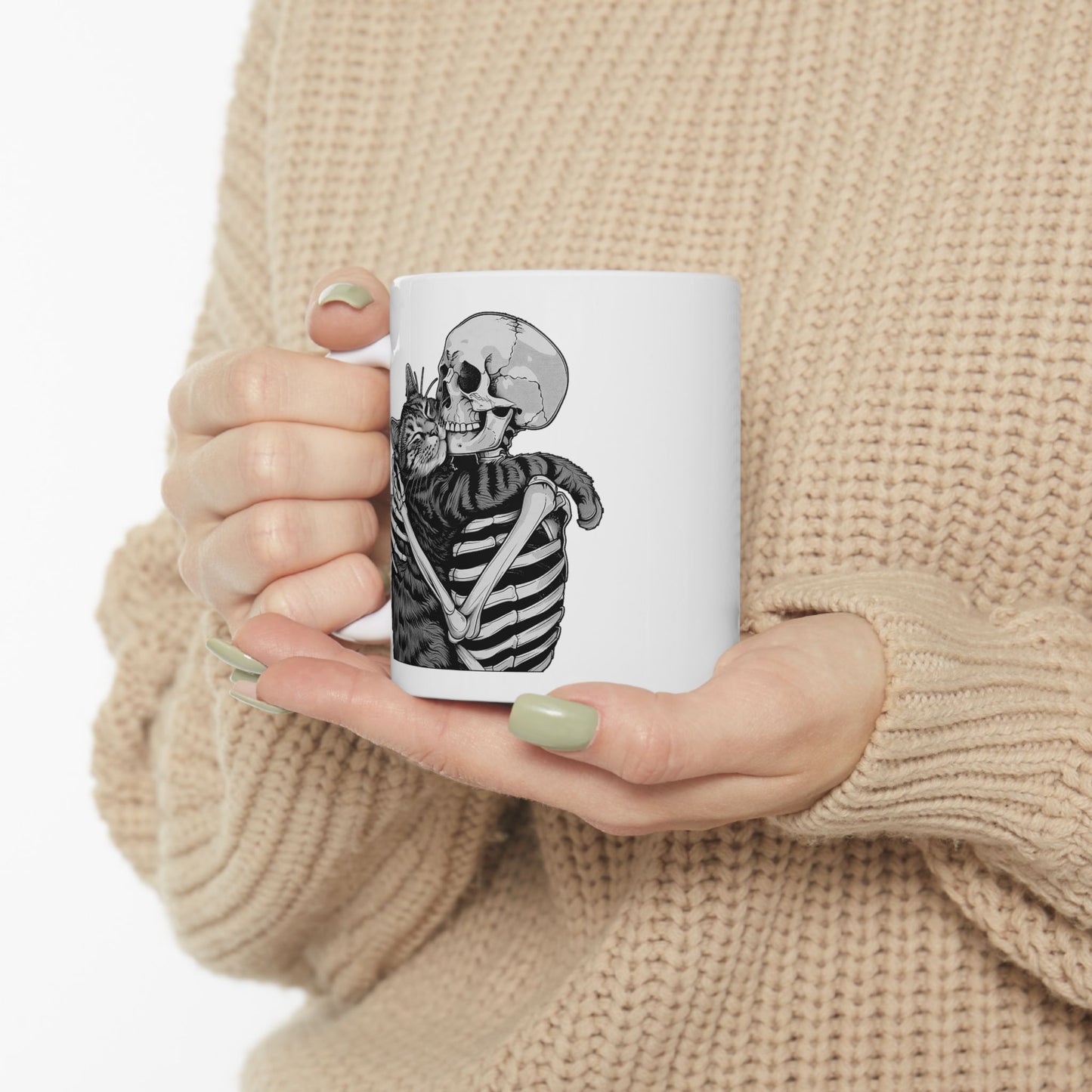 Skeleton Hugging Cat Mug