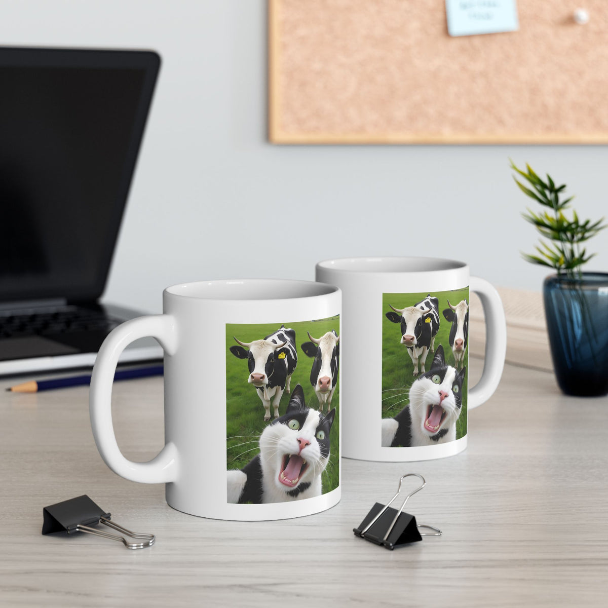 Cat Selfie With Black And White Cow Mug