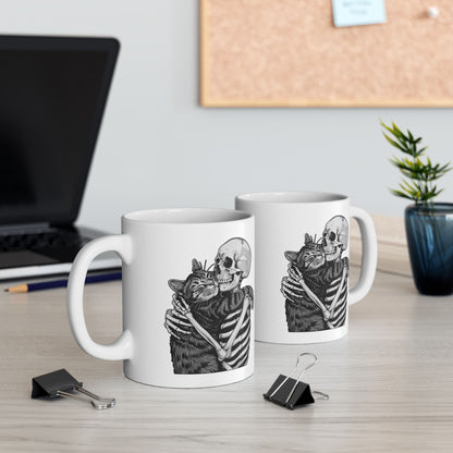 Skeleton Hugging Cat Mug