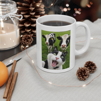 Cat Selfie With Black And White Cow Mug