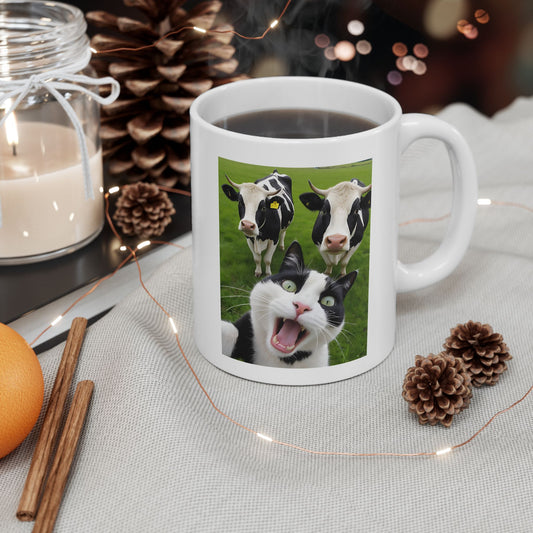 Cat Selfie With Black And White Cow Mug