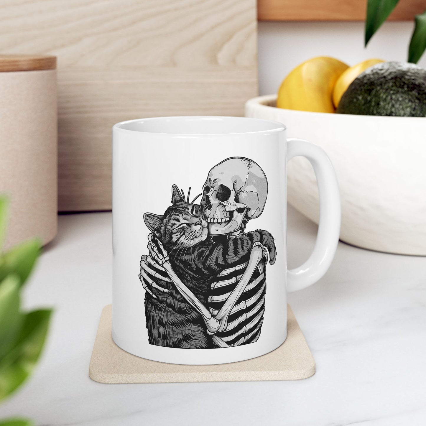 Skeleton Hugging Cat Mug