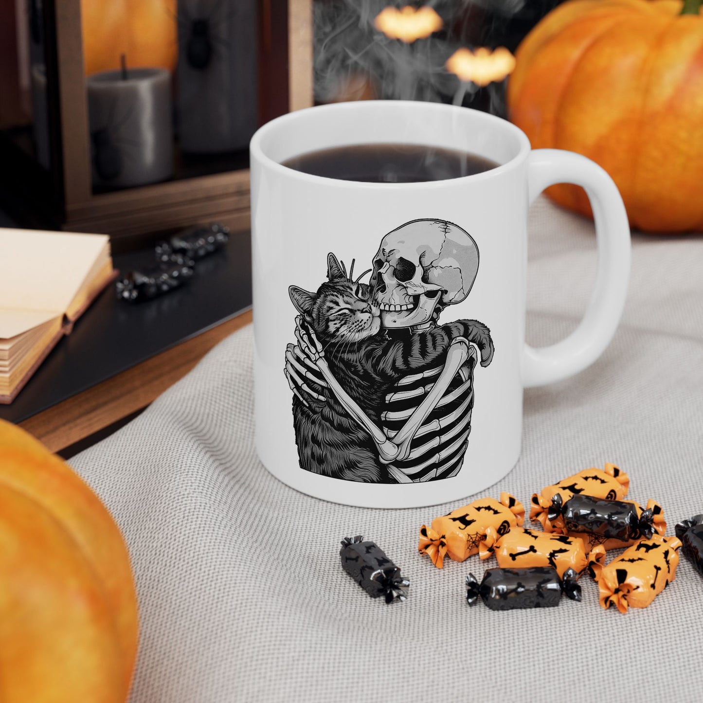 Skeleton Hugging Cat Mug