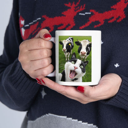 Cat Selfie With Black And White Cow Mug