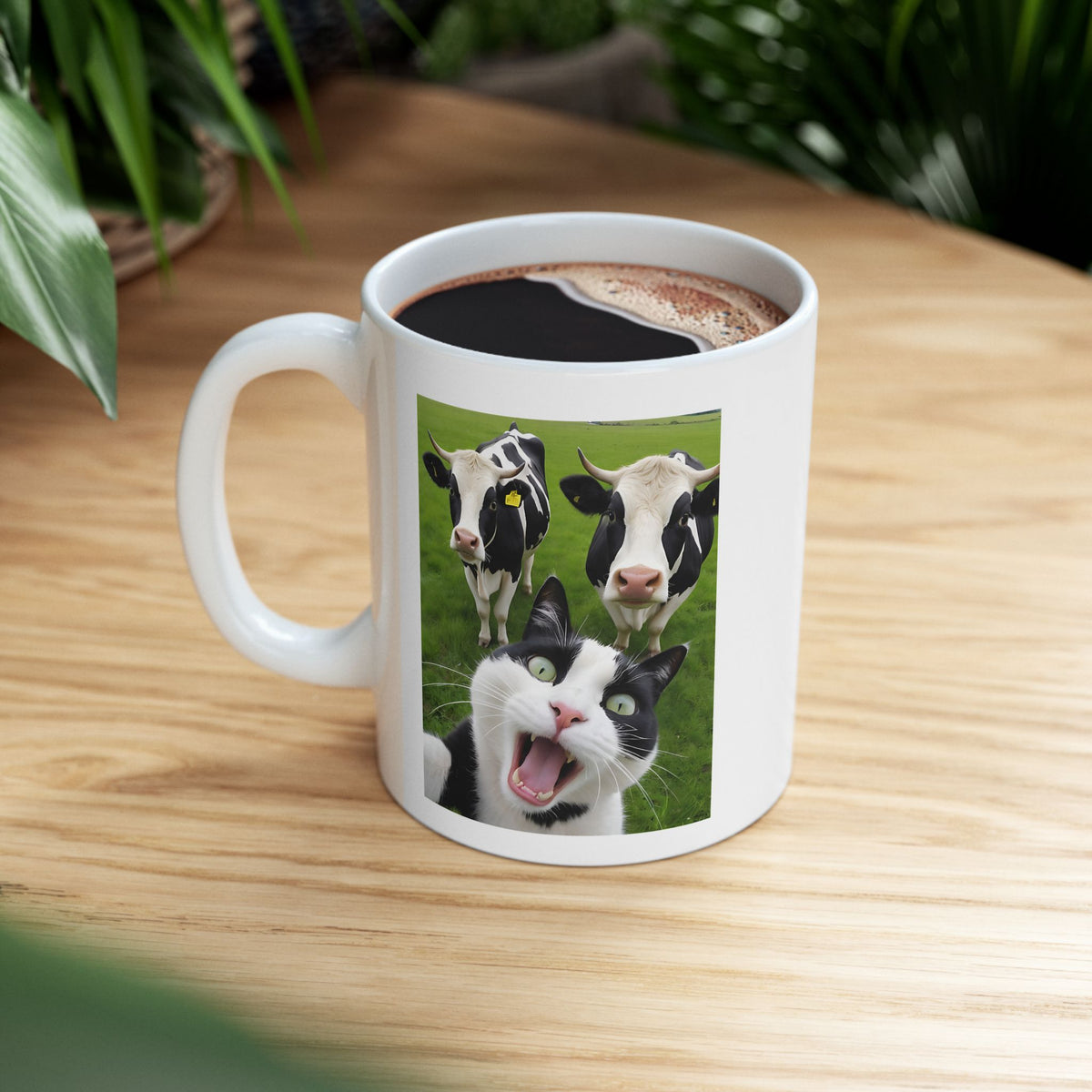 Cat Selfie With Black And White Cow Mug