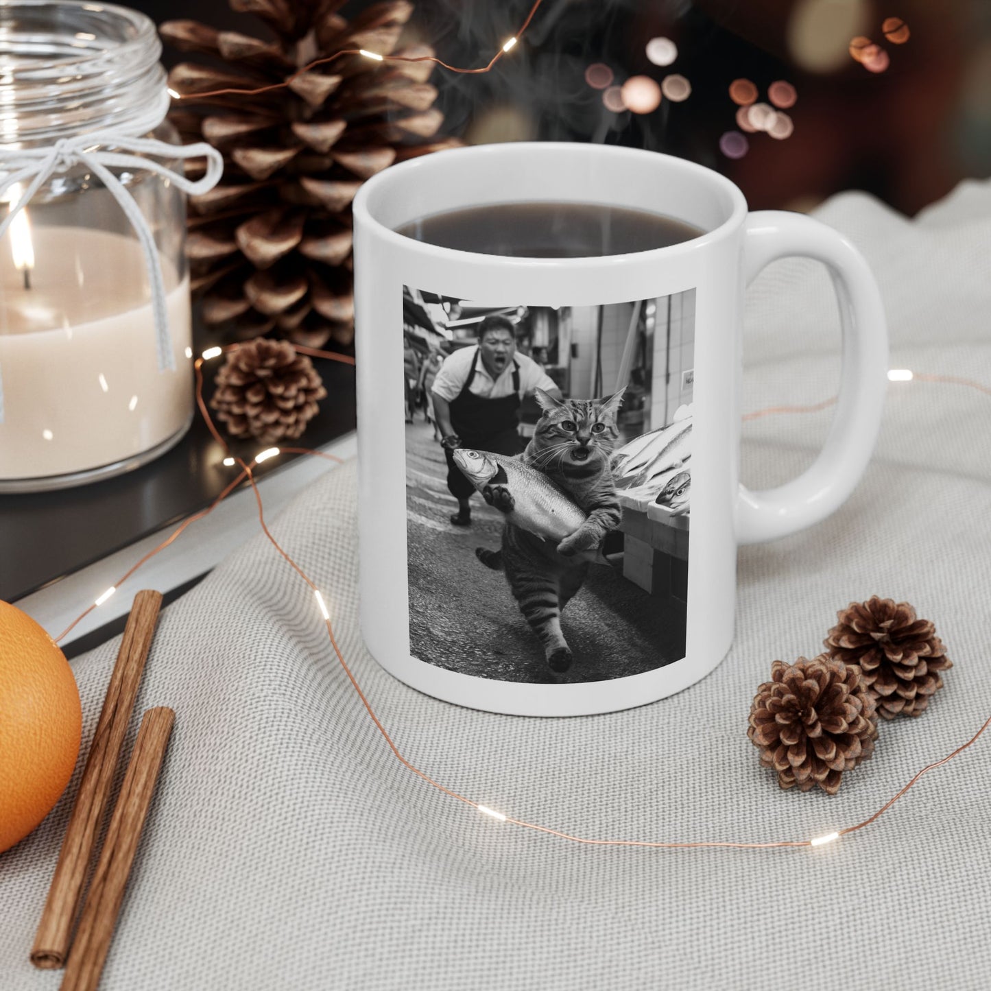 Cat Steals at the Fish Market Mug