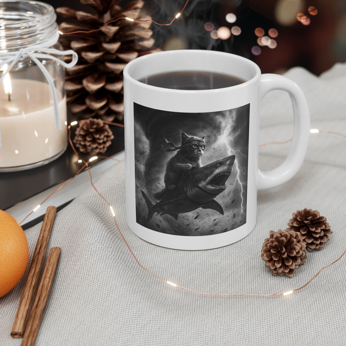Cat Riding a Shark in Tornado Mug