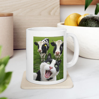 Cat Selfie With Black And White Cow Mug