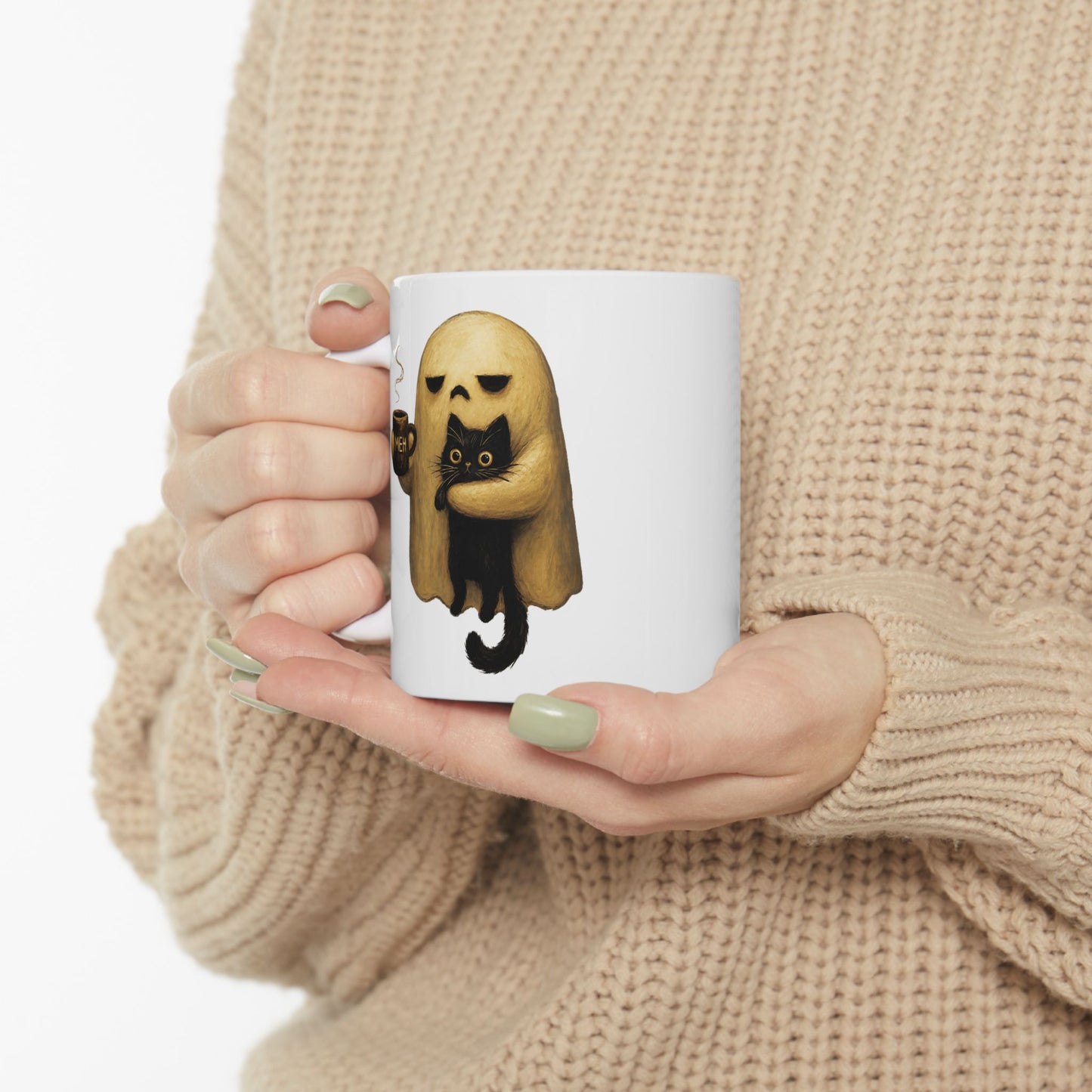 Spooky Ghost Holding Black Cat Coffee Mug