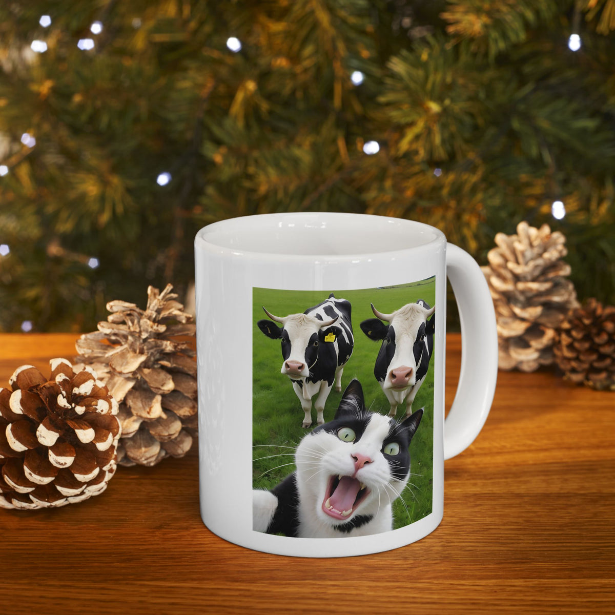 Cat Selfie With Black And White Cow Mug