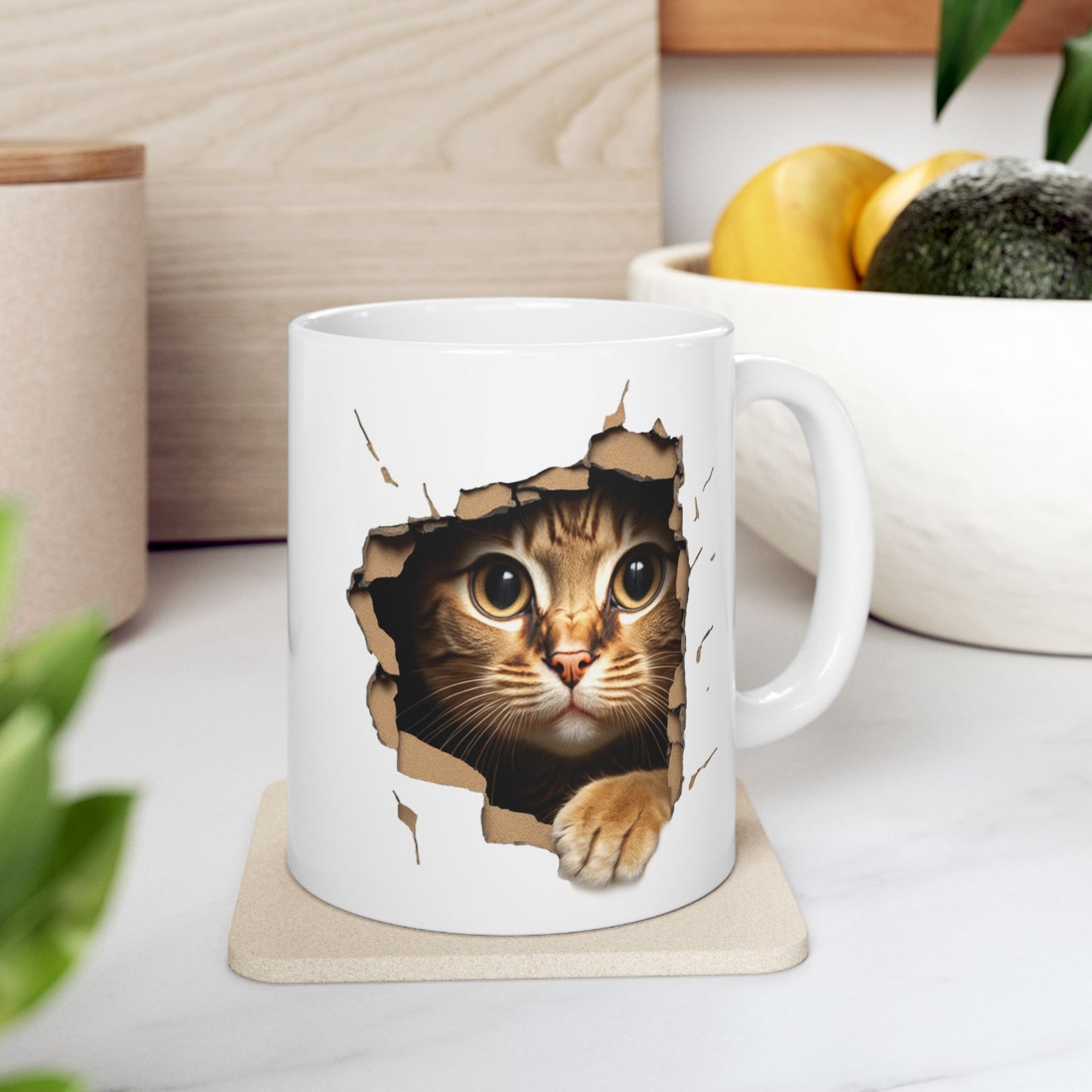 Cute Kitten Looks From Torn Wall Mug