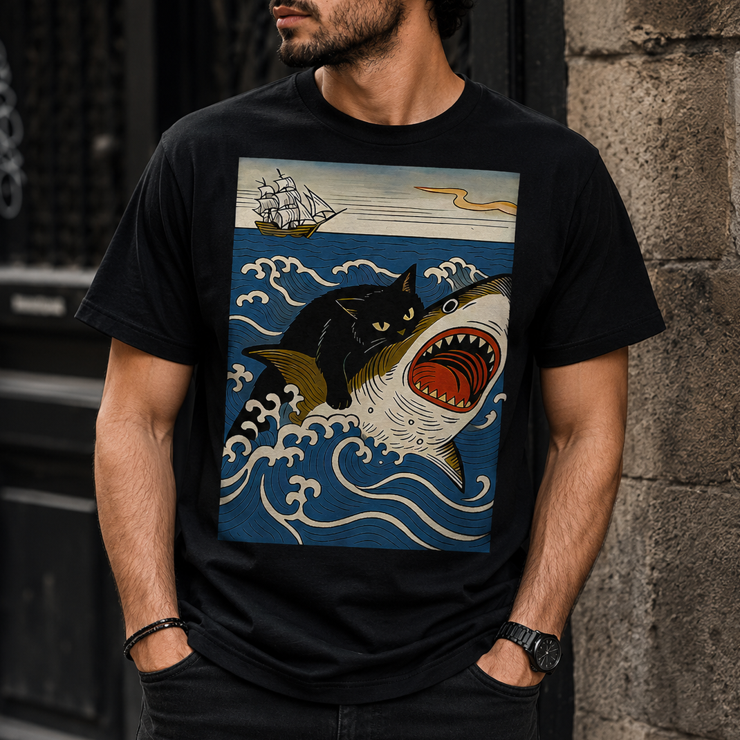 Black Cat Hunting Shark T-Shirt