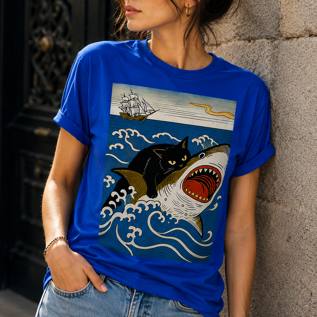 Black Cat Hunting Shark T-Shirt