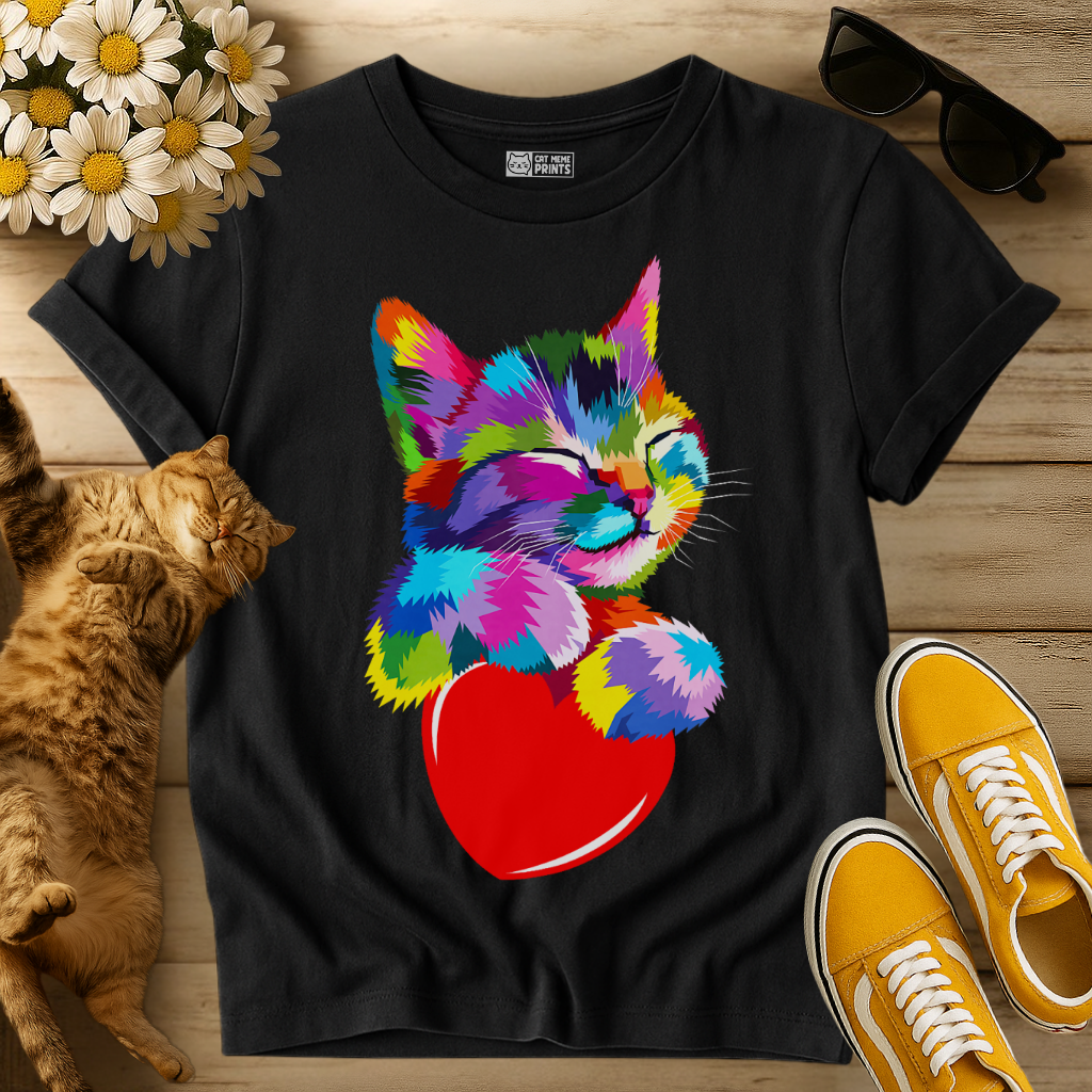 Cute Kitty Hugging Heart Rainbow T-Shirt