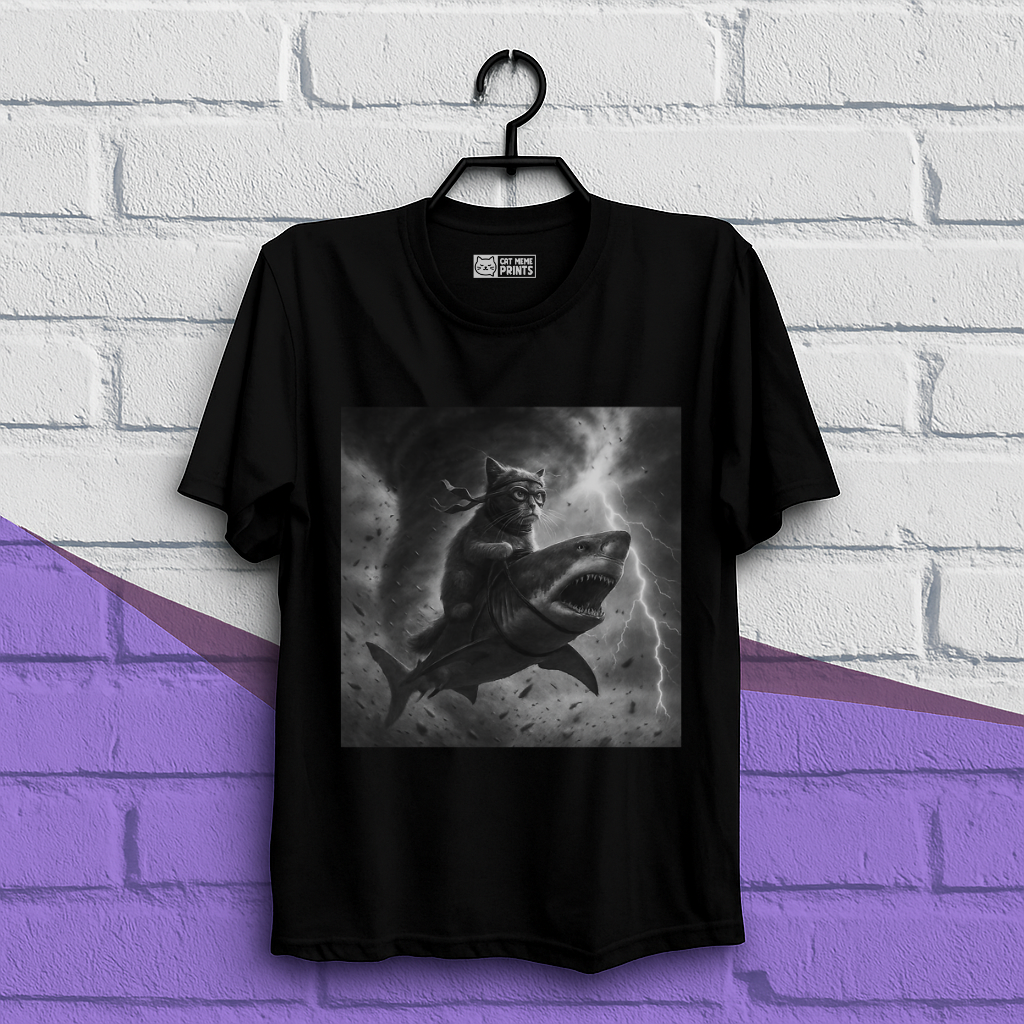Cat Riding a Shark in Tornado Selfie Cat T-Shirt