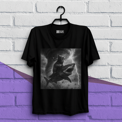 Cat Riding a Shark in Tornado Selfie Cat T-Shirt