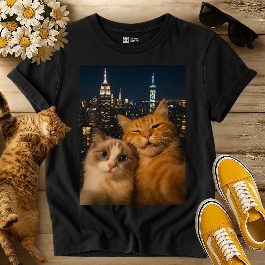 Cute Couple Cats Selfie City Lights T-Shirt