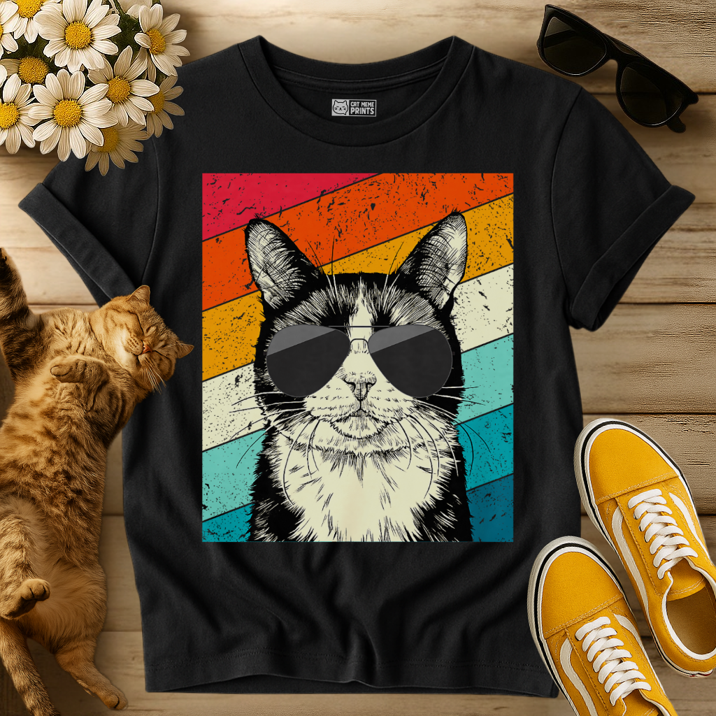 Tuxedo Cat with Sunglasses Retro Vintage T-Shirt
