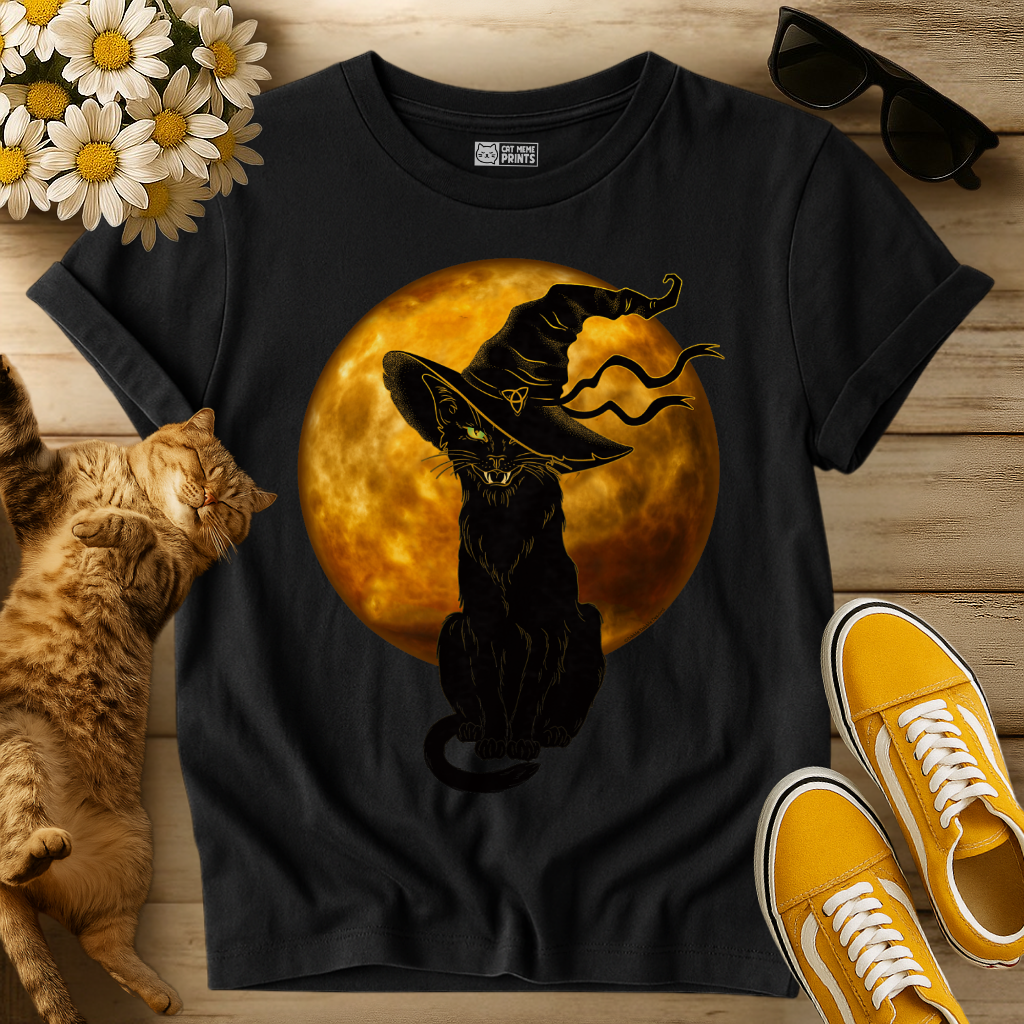 Scary Black Cat Witch Hat Moon T-Shirt
