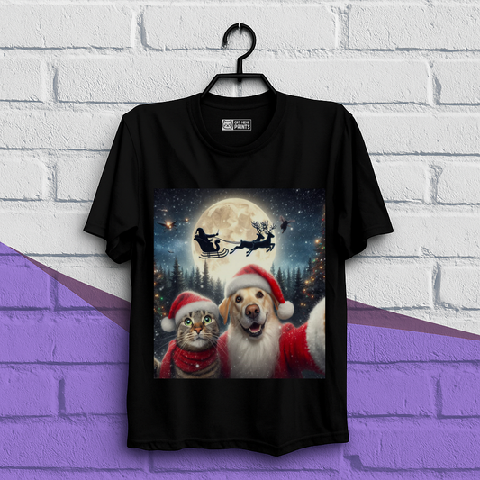 Cat and Dog Selfie with Santa Claus Christmas T-Shirt