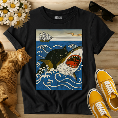 Black Cat Hunting Shark T-Shirt