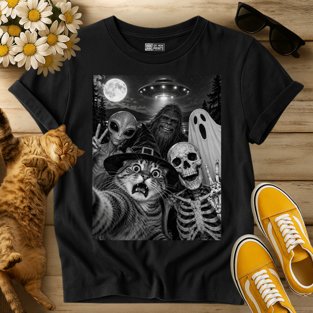 Cat Selfie Witch Skeleton Alien Bigfoot Ghost UFO T-Shirt