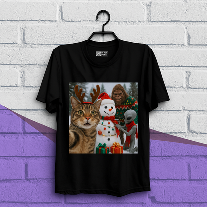 Cat Selfie with Bigfoot Alien & Snowman Christmas T-Shirt