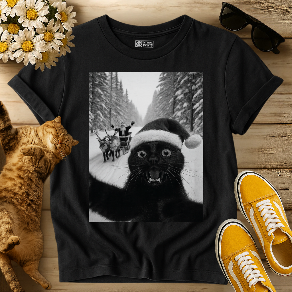 Black Cat Selfie with Santa T-Shirt
