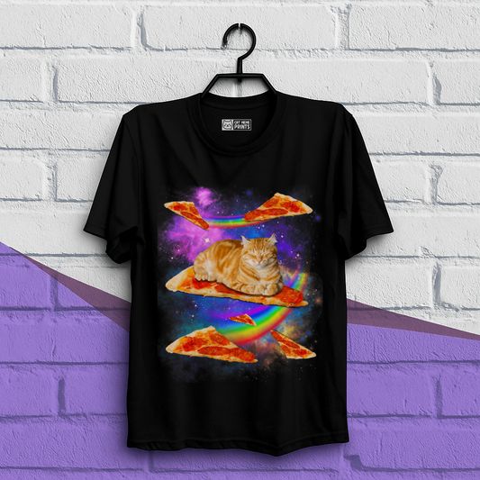 Cat Riding Pizza In Space Galaxy T-Shirt