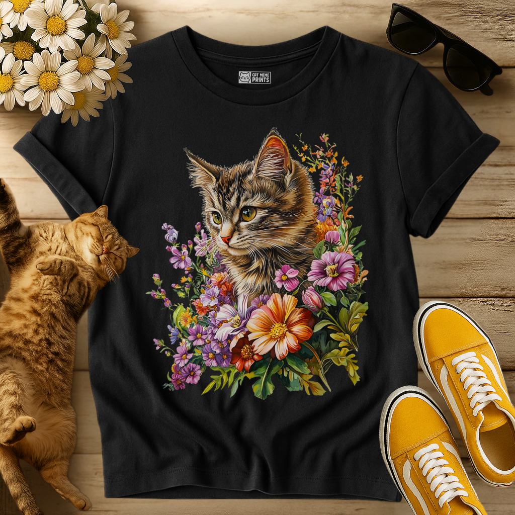 Cute Kitten Floral Graphic T-Shirt