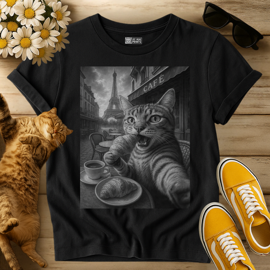 Paris Cat Selfie Eating Croissant by Eiffel Tower T-Shirt
