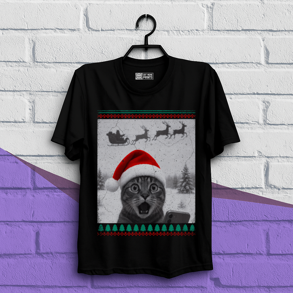 Christmas Cat Selfie with Santa Sleigh T-Shirt