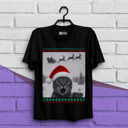 Christmas Cat Selfie with Santa Sleigh T-Shirt
