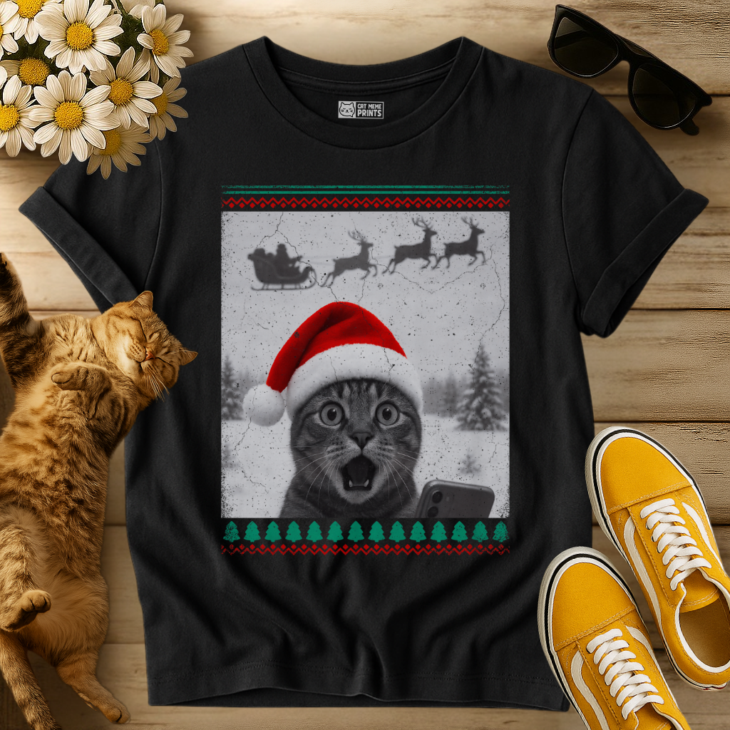 Cat Selfie with Santa Sleigh T-Shirt