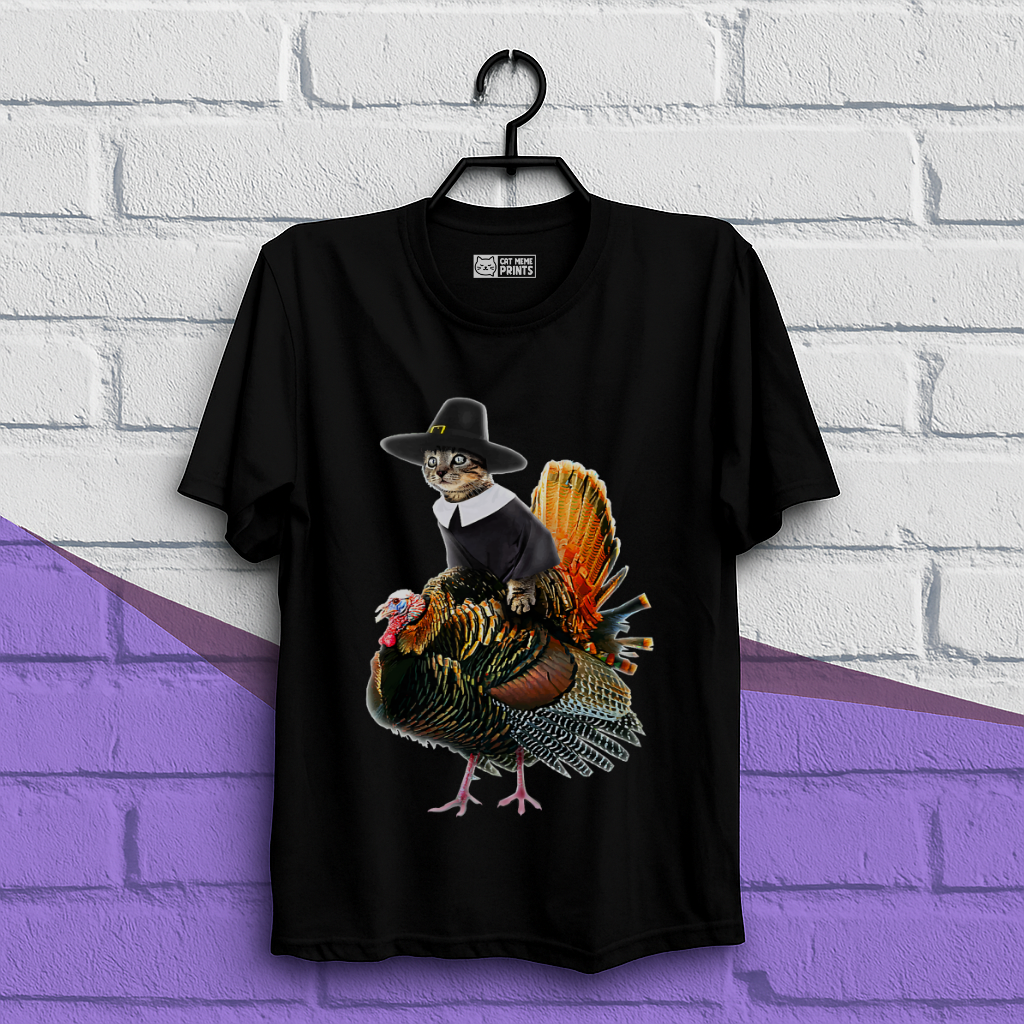 Cat Pilgrim Riding Turkey Thanksgiving T-Shirt