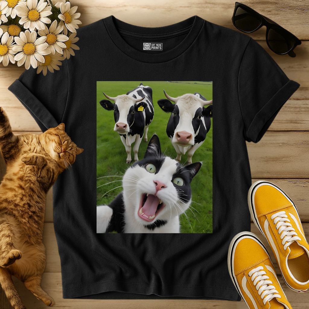 Cat Selfie With Cow T-Shirt