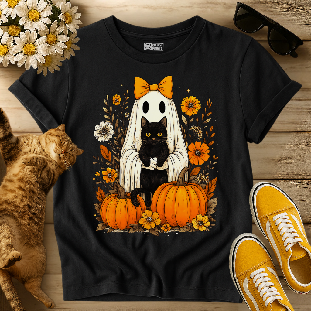 Ghost Holding Black Cat Floral T-Shirt