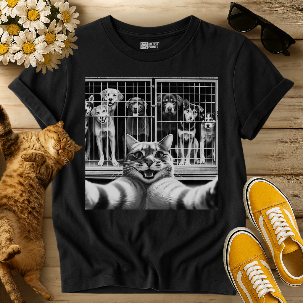 Cat Selfie with Dogs in a Cage T-Shirt