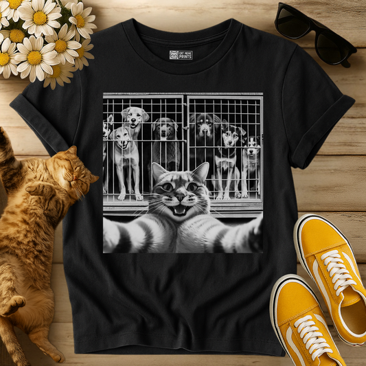 Cat Selfie with Dogs in a Cage T-Shirt