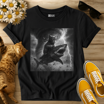Cat Riding a Shark in Tornado Selfie T-Shirt