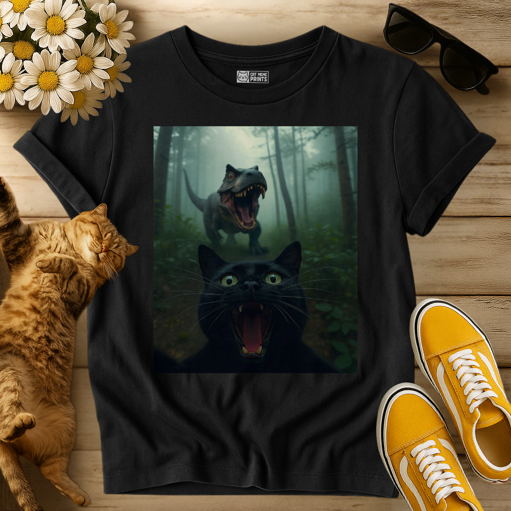 Black Cat Selfie with T-Rex T-Shirt