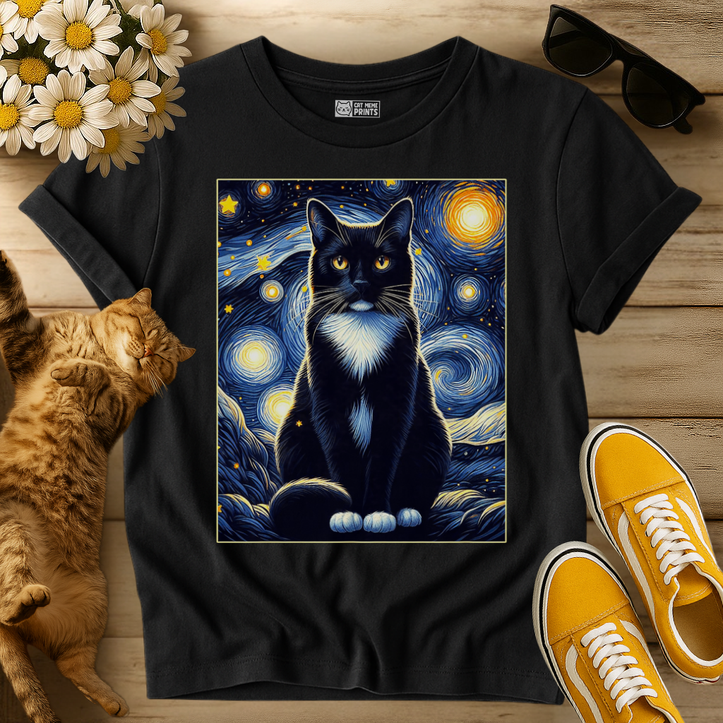 Tuxedo Cat Starry Night T-Shirt