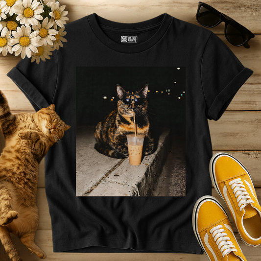 Tortoiseshell Cat Drinking Iced Coffee T-Shirt