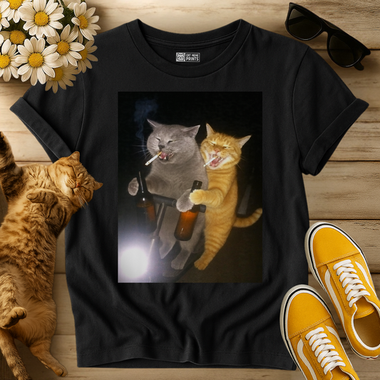 2 Cats Drinking and Smoking on Scooter T-Shirt