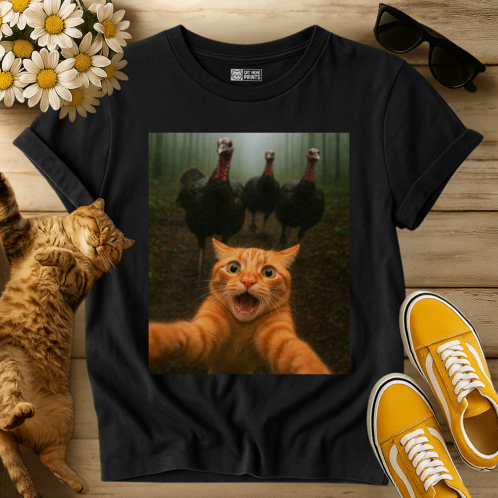 Cat Selfie Turkey Chase Thanksgiving T-Shirt